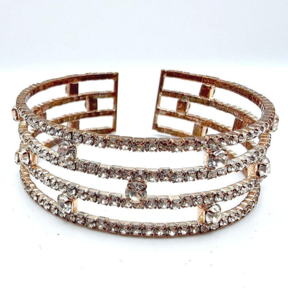 Vintage Rose Gold Tone Rhinestone Bangle Cuff Bracelet Clear Stones Chunky Y2K